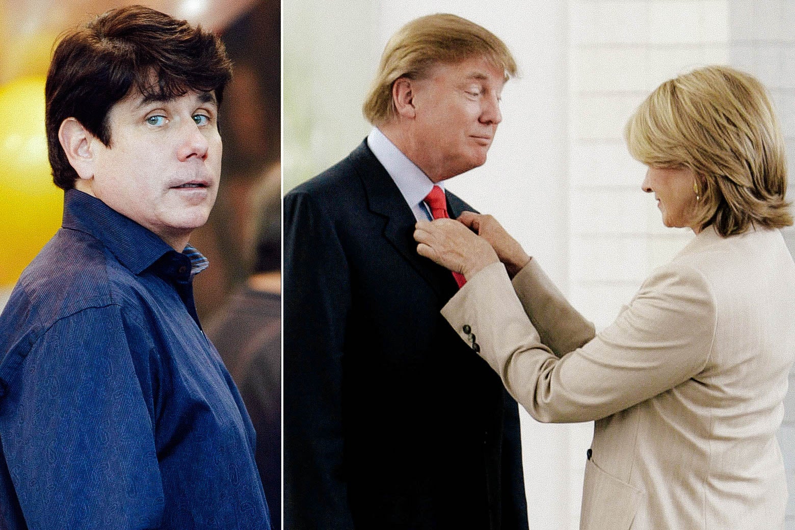 Rod Blagojevich looks at the camera. Martha Stewart fixes Donald Trump's tie in a separate image.