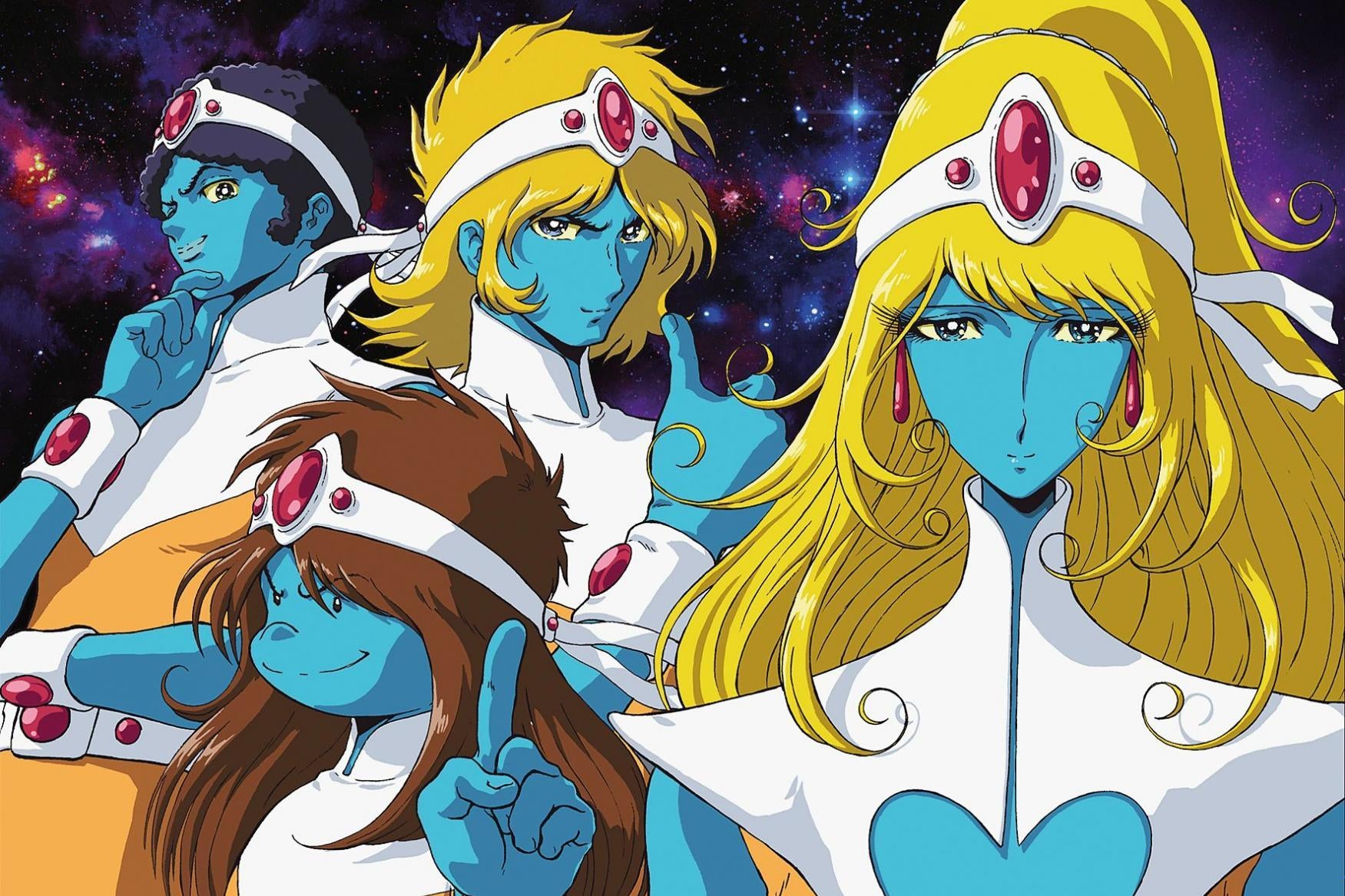 A group of four characters stand together. They have blue skin and wear white costumes. Two are blond, and two have brown hair. 