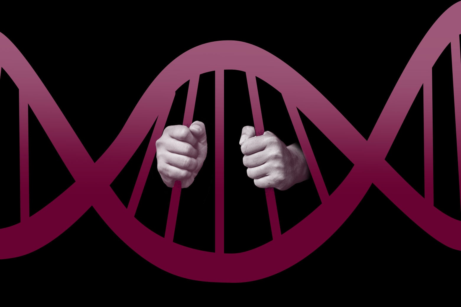 Photo illustration of a person behind the bars of a DNA strand.