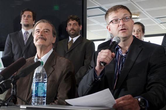 Marijuana entrepreneur and CEO of Diego Pellicer Inc. Jamen Shively (front R) talks next to former President of Mexico Vicente Fox (front L) during a news conference in Seattle, Washington, May 30, 2013.
