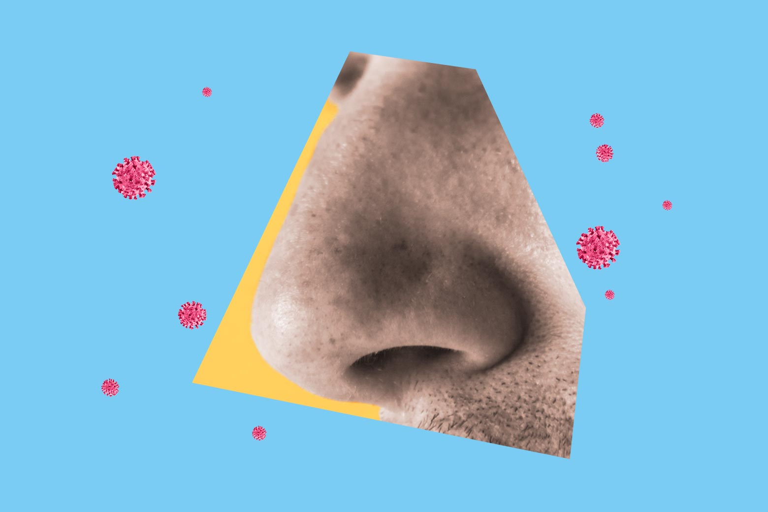 A nose with illustrations of the coronavirus in the background.