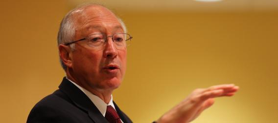 Interior Secretary Ken Salazar speaks during a tourism and conservation discussion with the Greater Miami Chamber of Commerce on Jan. 11, 2013, in Miami