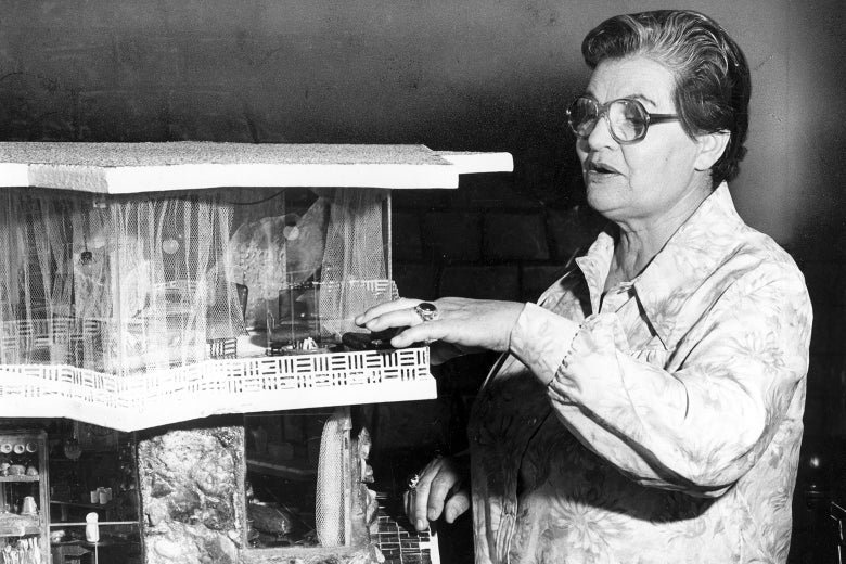 A black-and-white photo of Frances Gabe with a model of her self-cleaning house system. 