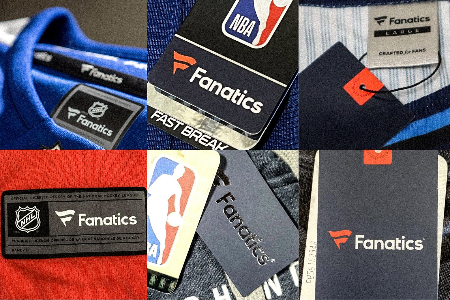 A grid showing the Fanatics logo on NFL, NBA, MLB, and NHL jerseys.