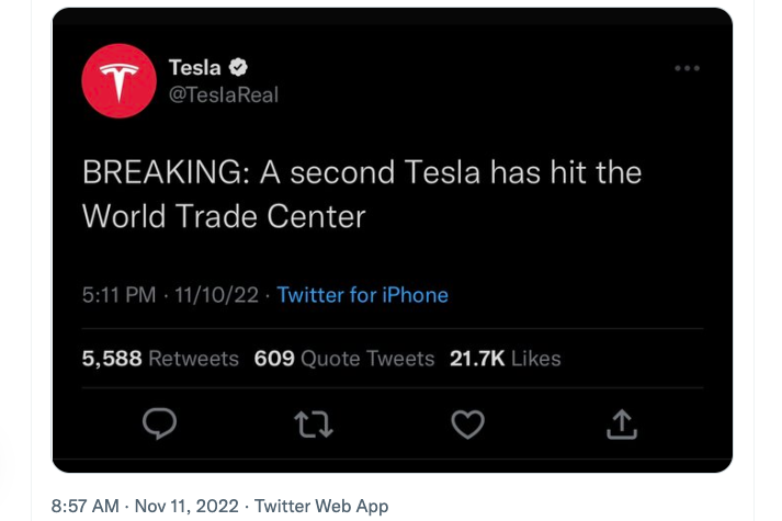 A screenshot of a parody tweet that reads "BREAKING: A second Tesla has hit the World Trade Center."