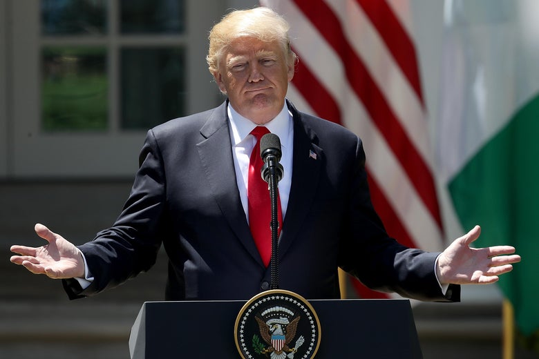WASHINGTON, DC - APRIL 30:  U.S. President Donald Trump answers questions during a joint press conference with Nigerian President Muhammadu Buhari in the Rose Garden of the White House April 30, 2018 in Washington, DC. The two leaders also met in the Oval Office to discuss a range of bilateral issues earlier in the day.  (Photo by Win McNamee/Getty Images)
