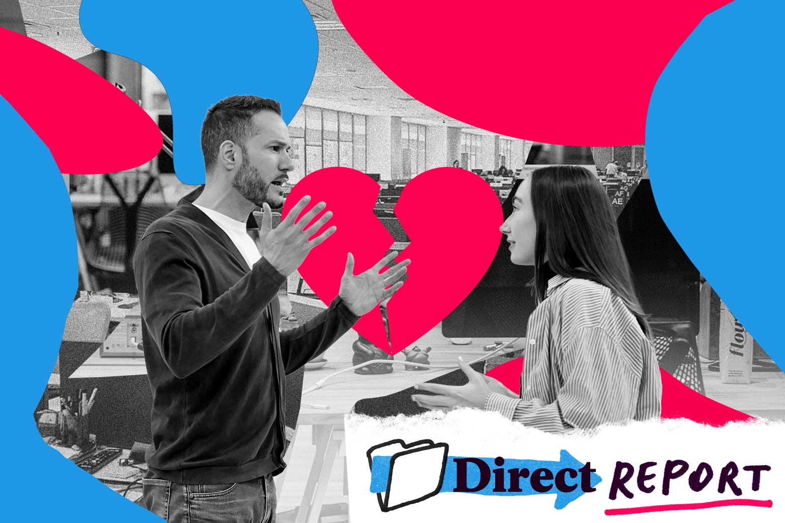 A man and a woman in an office are gesturing angrily and there is a broken heart between them.