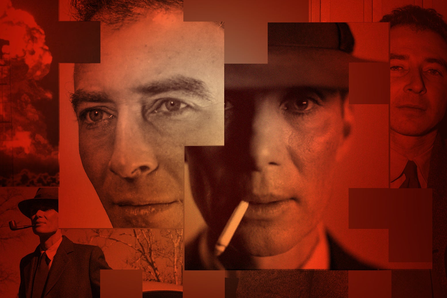 Sepia-toned photos of Oppenheimer and Cillian Murphy face off through an alarming red haze.