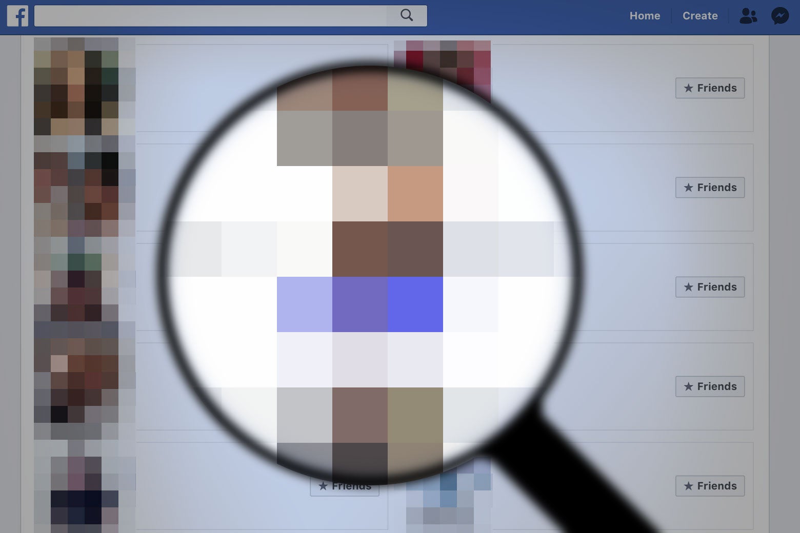 Illustration of a grid of blurry Facebook profile photos with a magnifying glass over it