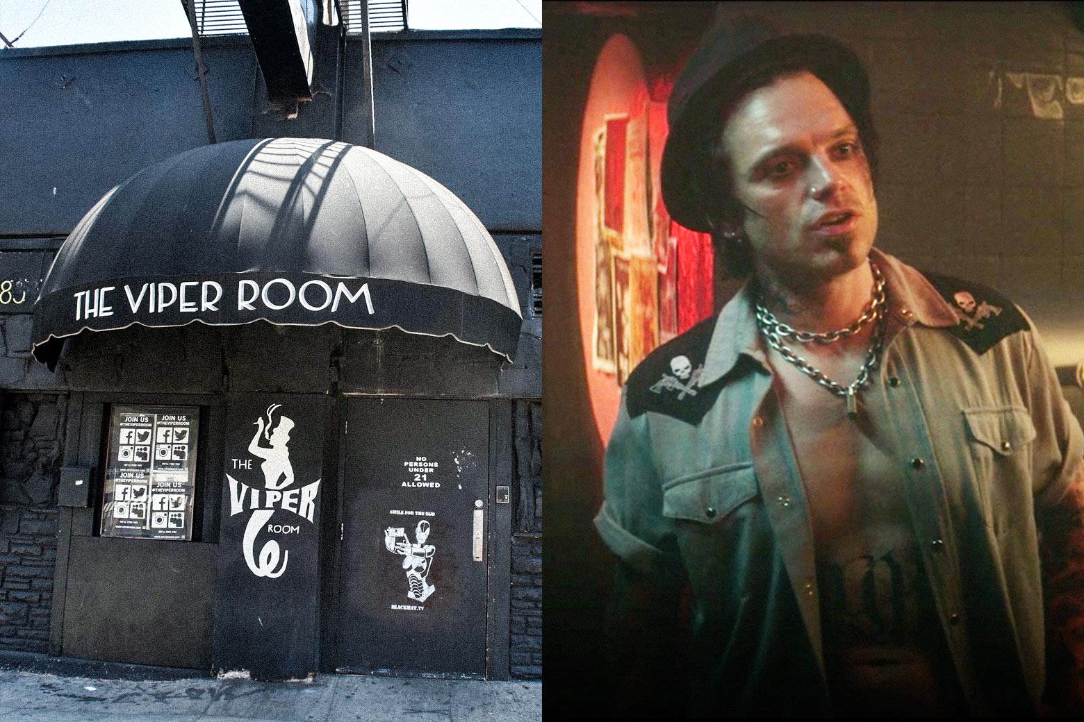 Diptych of the Viper Room awning and Stan as Tommy Lee wearing a black hat and a shirt open to his bare chest