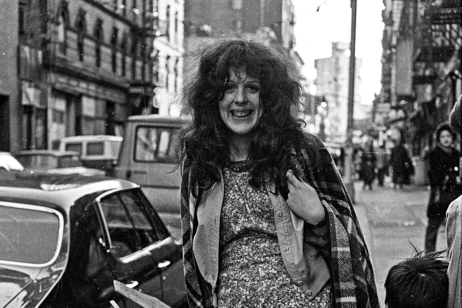 A black-and-white photo of Cynthia Heimel on Manhattan’s Lower East Side in 1973.