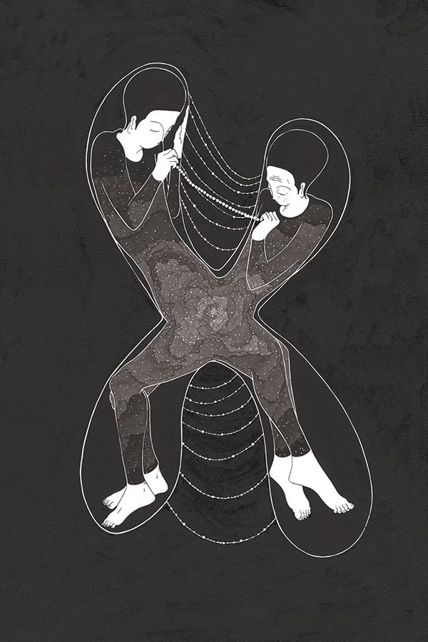 Two people intertwining.