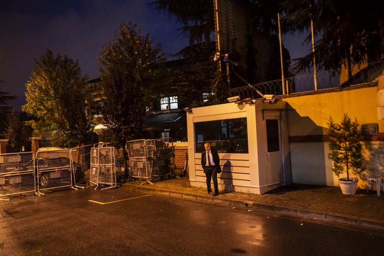 A security staff member guards the entrance of the Saudi Arabian consulate on October 11, 2018 in Istanbul.