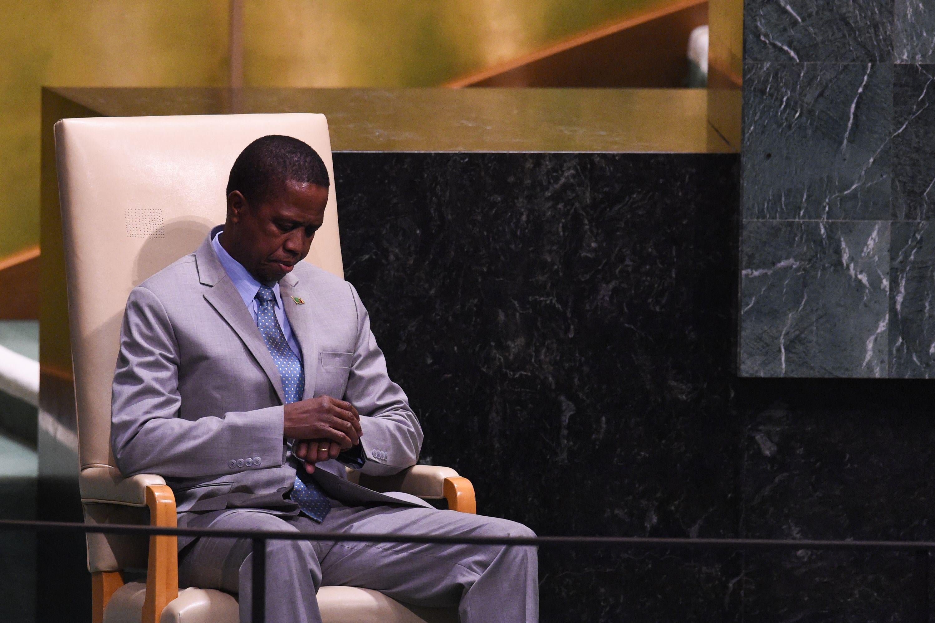 Zambian President Edgar Chagwa Lungu waits to speak at the United Nations General Assembly on Sept. 25, 2018 in New York. 