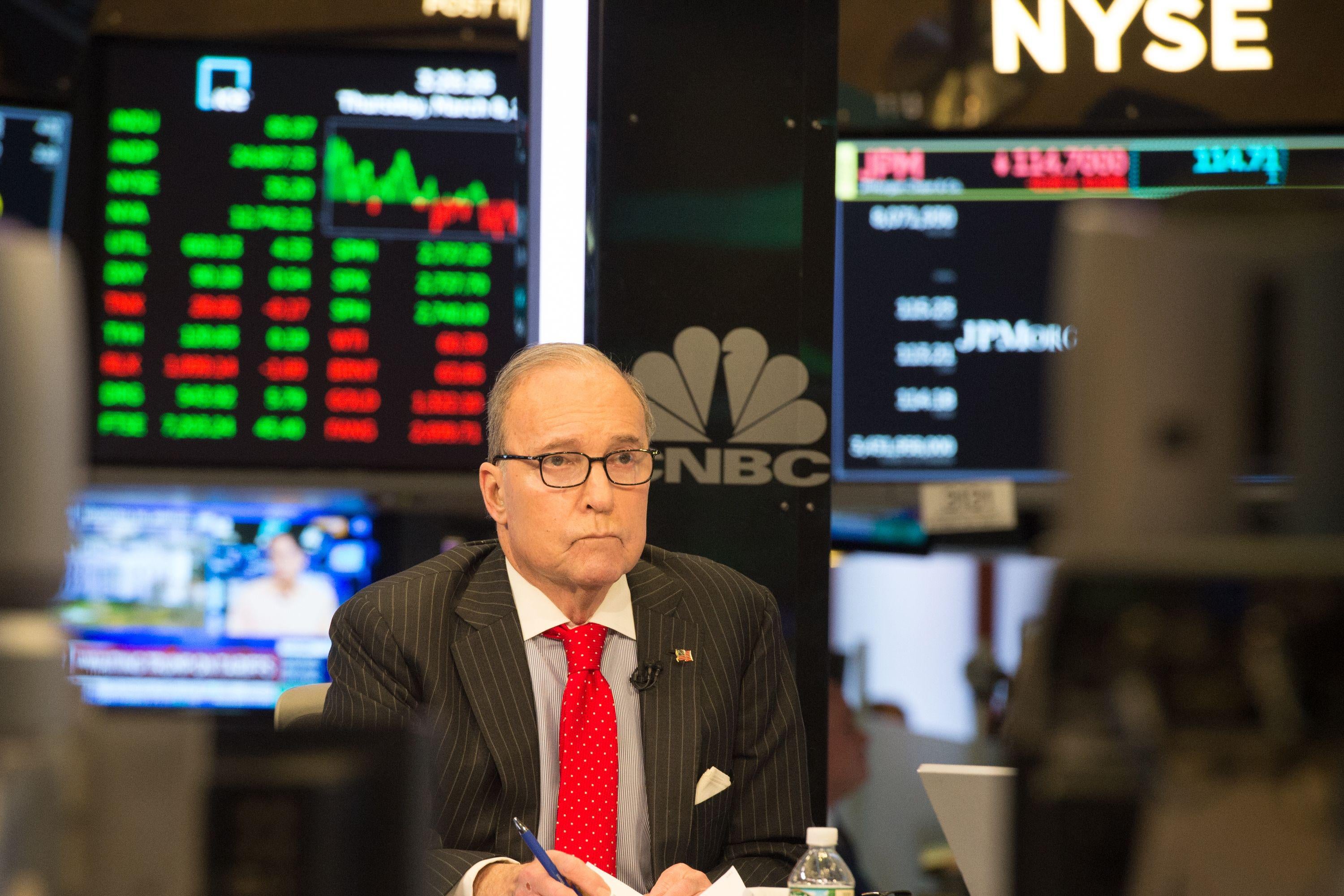 US conservative commentator and economic analyst Larry Kudlow speaks on the set of CNBC at the closing bell of the Dow Industrial Average at the New York Stock Exchange on March 8, 2018 in New York.  / AFP PHOTO / Bryan R. Smith        (Photo credit should read BRYAN R. SMITH/AFP/Getty Images)