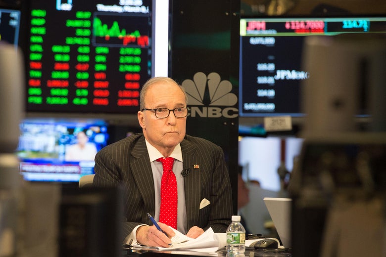 US conservative commentator and economic analyst Larry Kudlow speaks on the set of CNBC at the closing bell of the Dow Industrial Average at the New York Stock Exchange on March 8, 2018 in New York.  / AFP PHOTO / Bryan R. Smith        (Photo credit should read BRYAN R. SMITH/AFP/Getty Images)