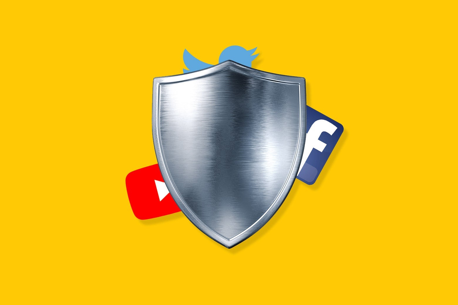 The Facebook, Twitter, and YouTube logos hide behind a shield.