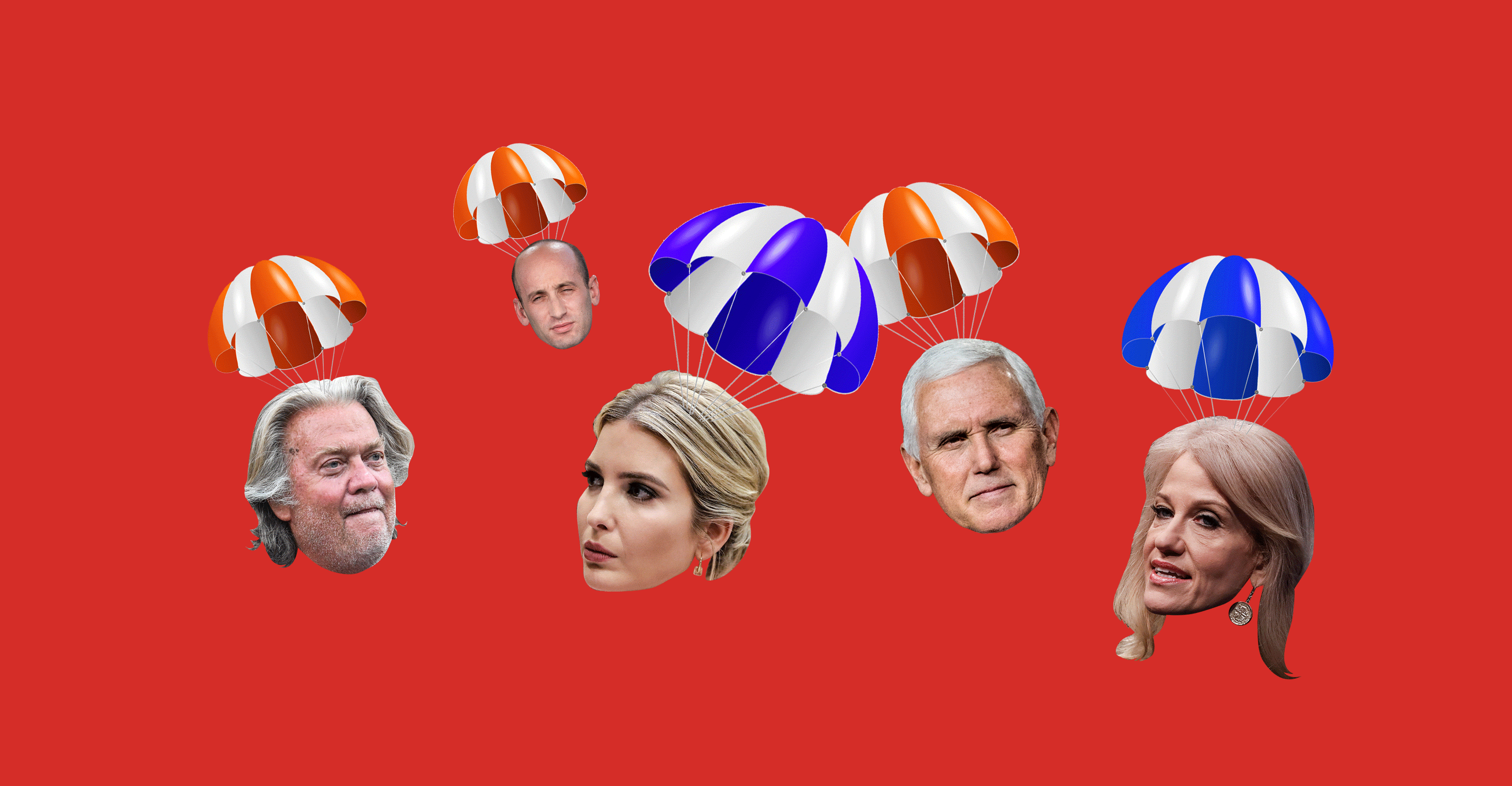 The heads of Trump administration officials attached to parachutes.