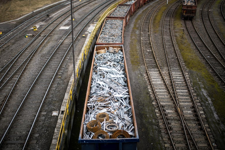 DUISBURG, GERMANY - MARCH 05: Trains with scrap metal stay in front of the Huettenwerk Krupp Mannesmann GmbH steel mill on March 5, 2018 in Duisburg, Germany. Tensions between U.S. President Donald Trump and the European Union are rising after Trump announced he would respond to any E.U. tariffs on American goods with U.S. tariffs on European cars. Trump originally sought tariffs on imports of steel and aluminum, to which EU officials said they would respond with tariffs on U.S. jeans, motorcycles and bourbon. The European Union and Canada are the two biggest exporters of steel to the United States. (Photo by Lukas Schulze/Getty Images)
