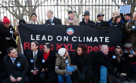 Julian Bond, Michael Brune, Bill McKibben, and Lennox Yearwood protest against the Keystone XL Pipeline at Lafayette Park on Feb. 13 in Washington, DC.