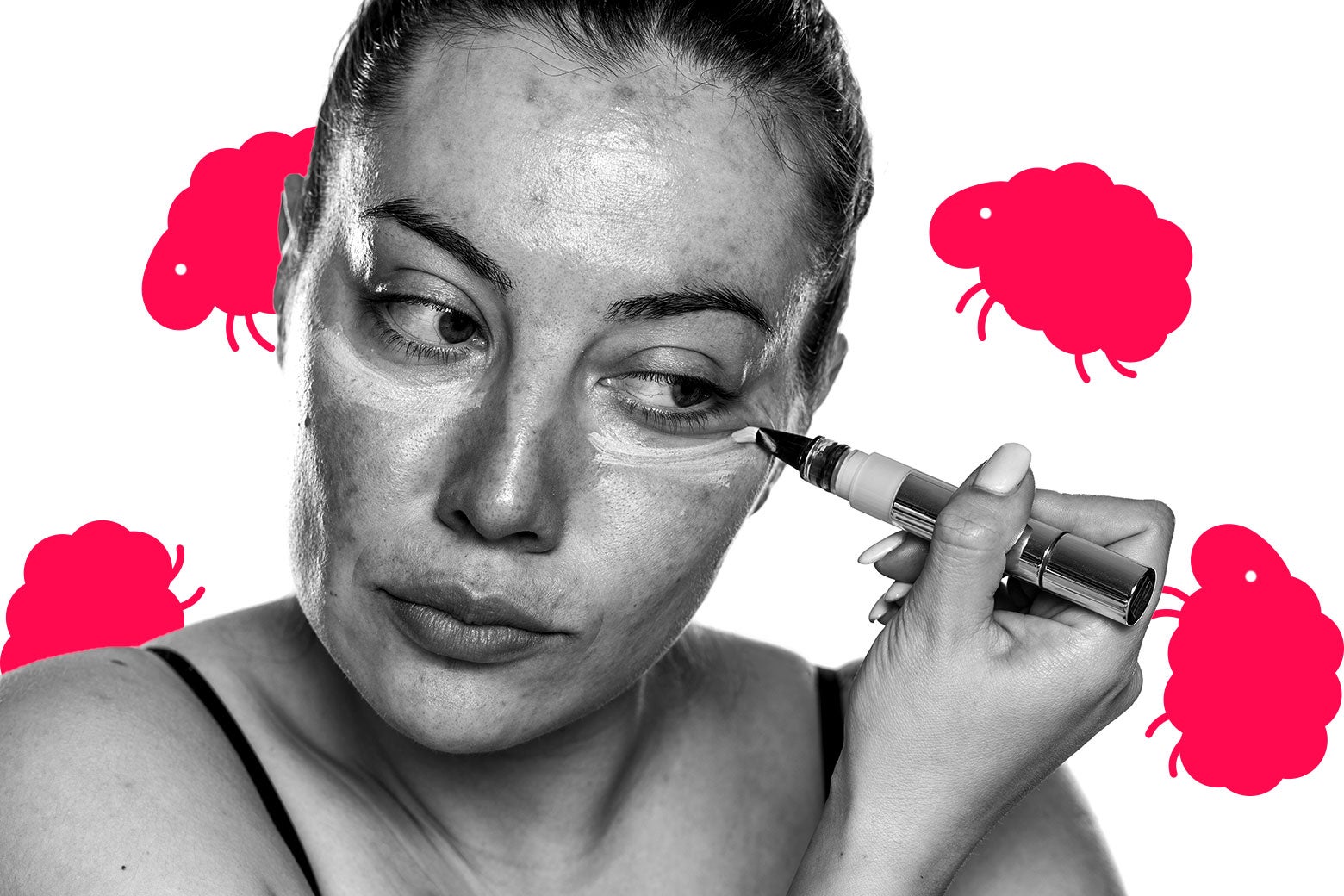 Woman applying concealer under her eyes as illustrated sheep jump around her