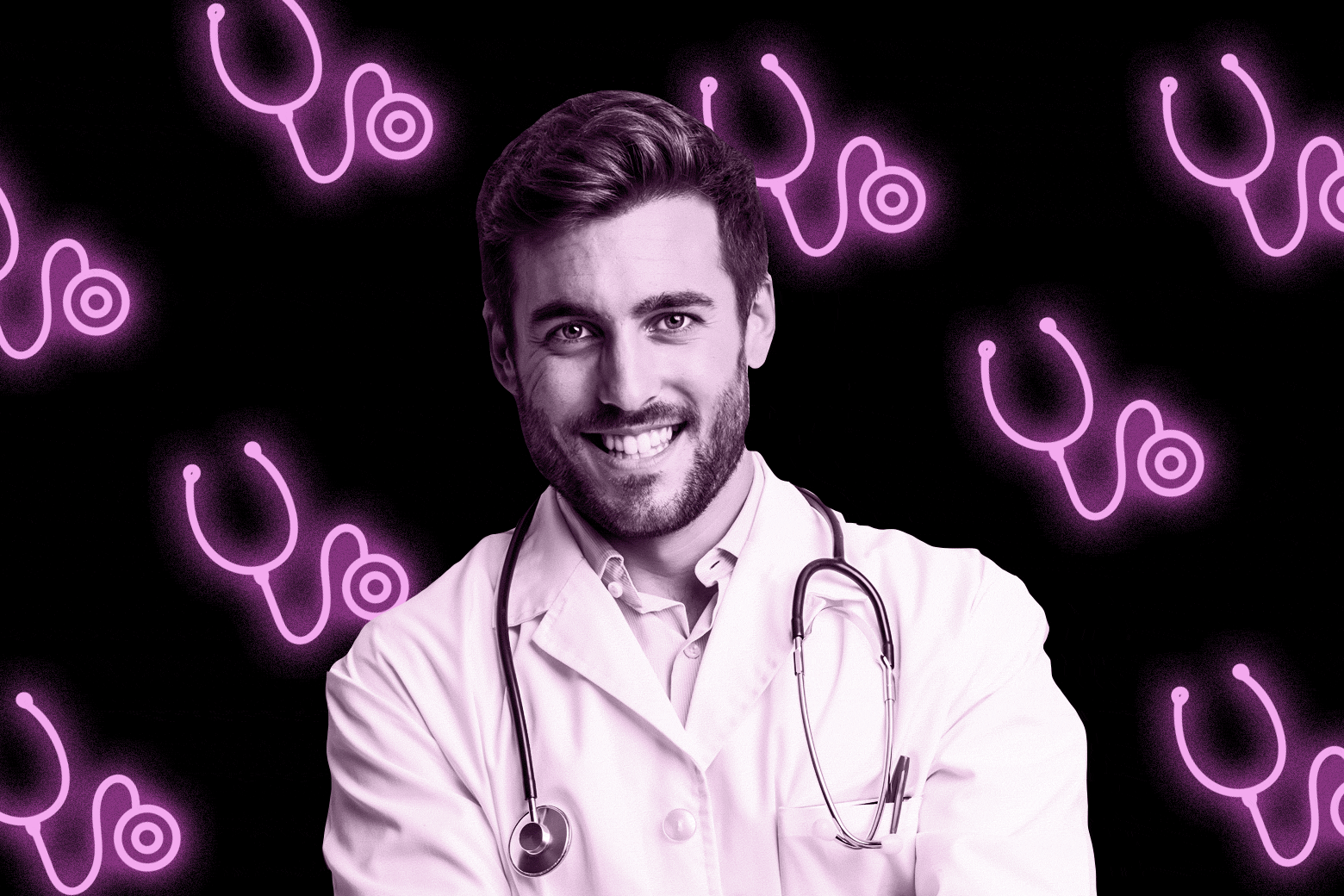 A smiling doctor wearing a stethoscope around his neck, with more stethoscopes glowing in the background.