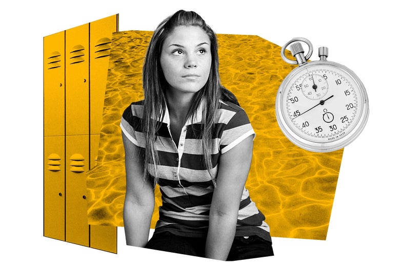 Collage of a teen girl looking up, gym lockers, a swimming pool, and a stopwatch