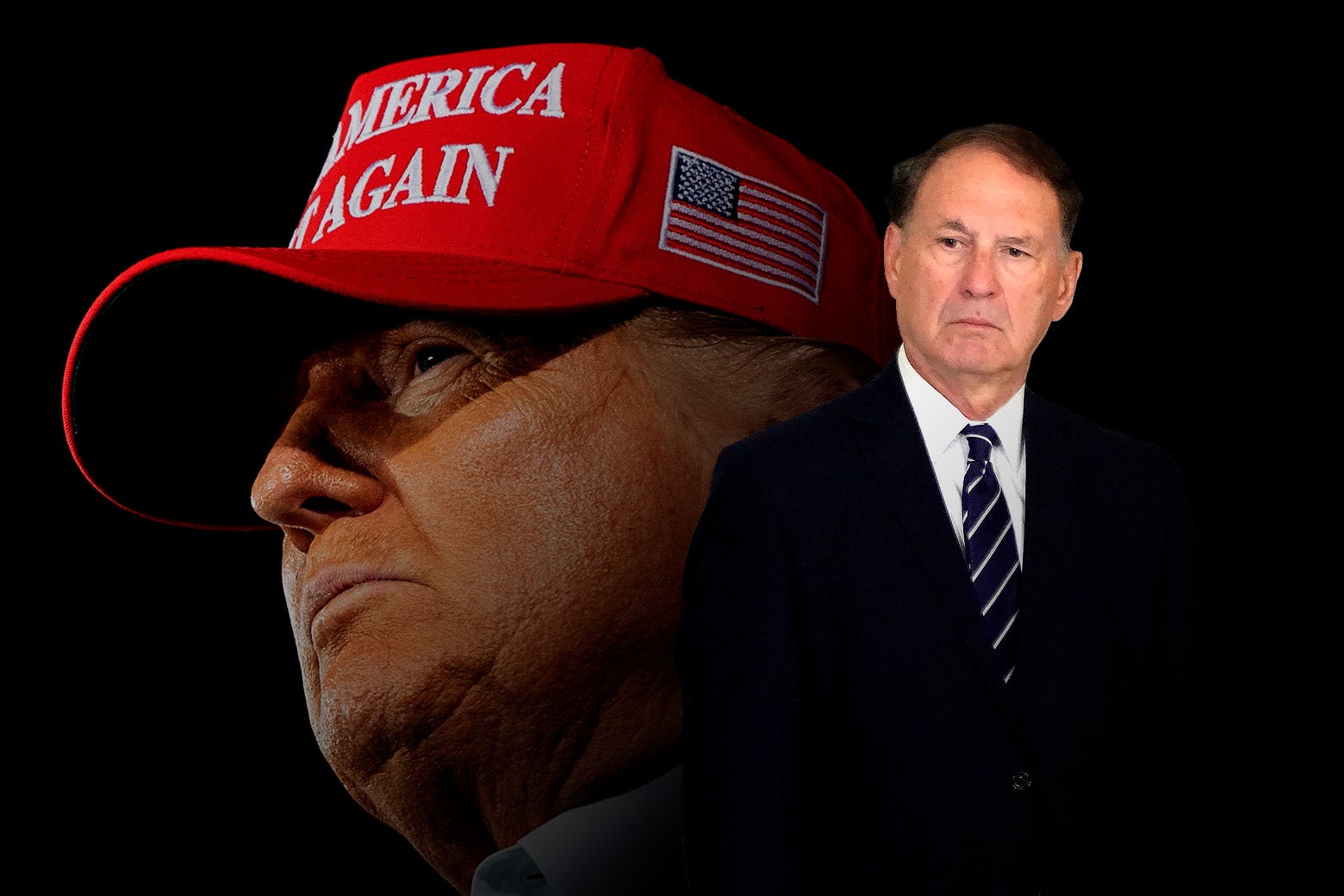 Donald Trump wearing a red Make America Great Again cap juxtaposed with a worrisome-looking Justice Samuel Alito.