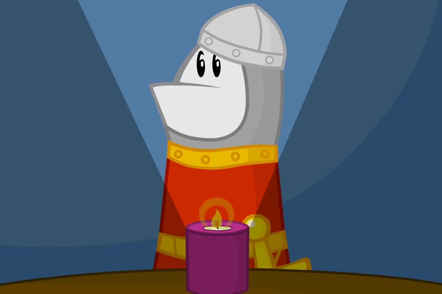 Animated character Homestar Runner, in a Dirk the Daring costume, leans over a scented candle to tell a scary story.