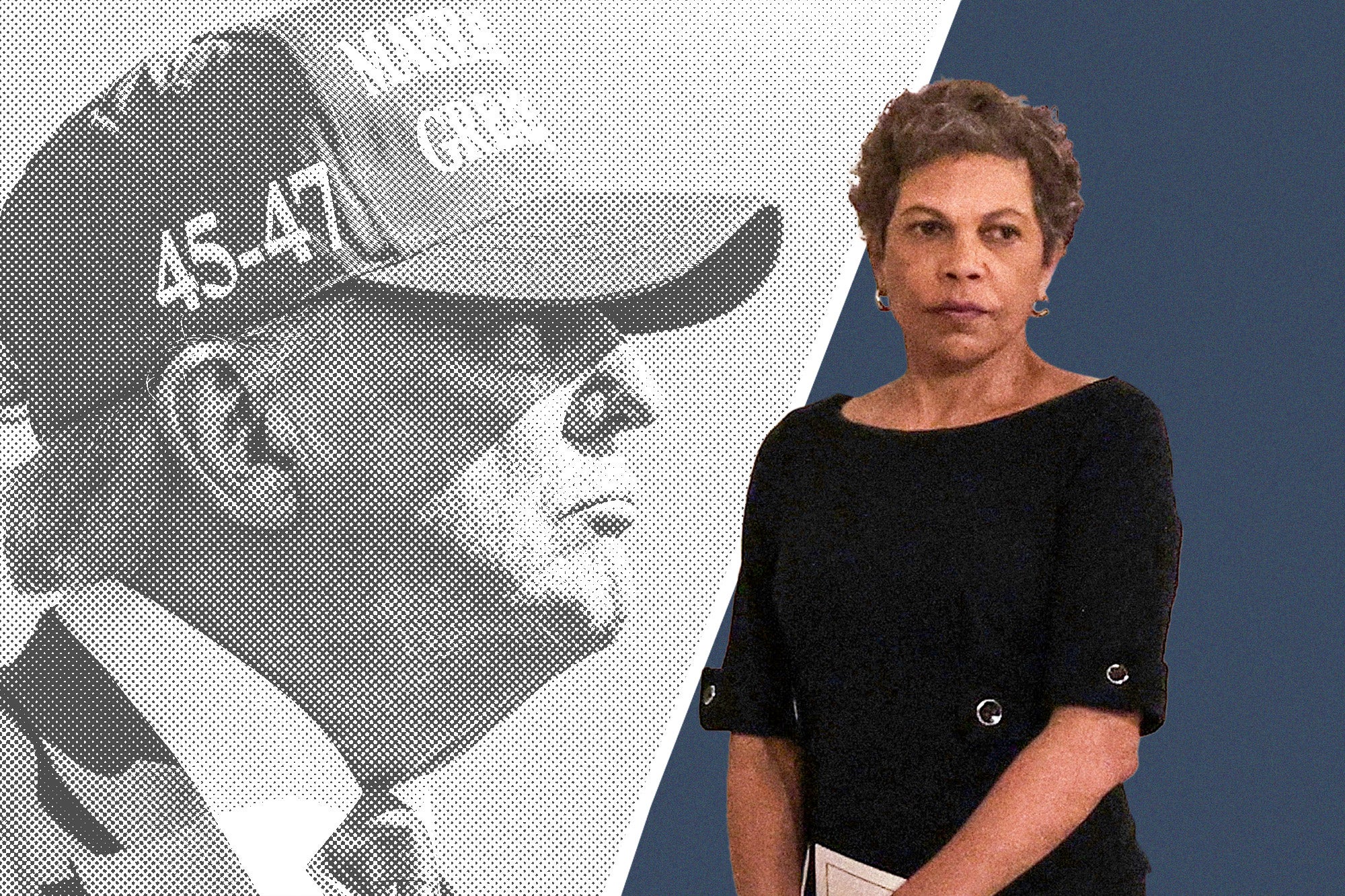 Side-by-side of a pixellated black-and-white Trump wearing a MAGA hat and Judge Tanya Chutkan, looking determined.