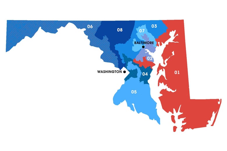 Congressional district map of Maryland with seven districts in different shades of blue and one red district encompassing the Eastern Shore and crossing the bay into Baltimore and Anne Arundel County