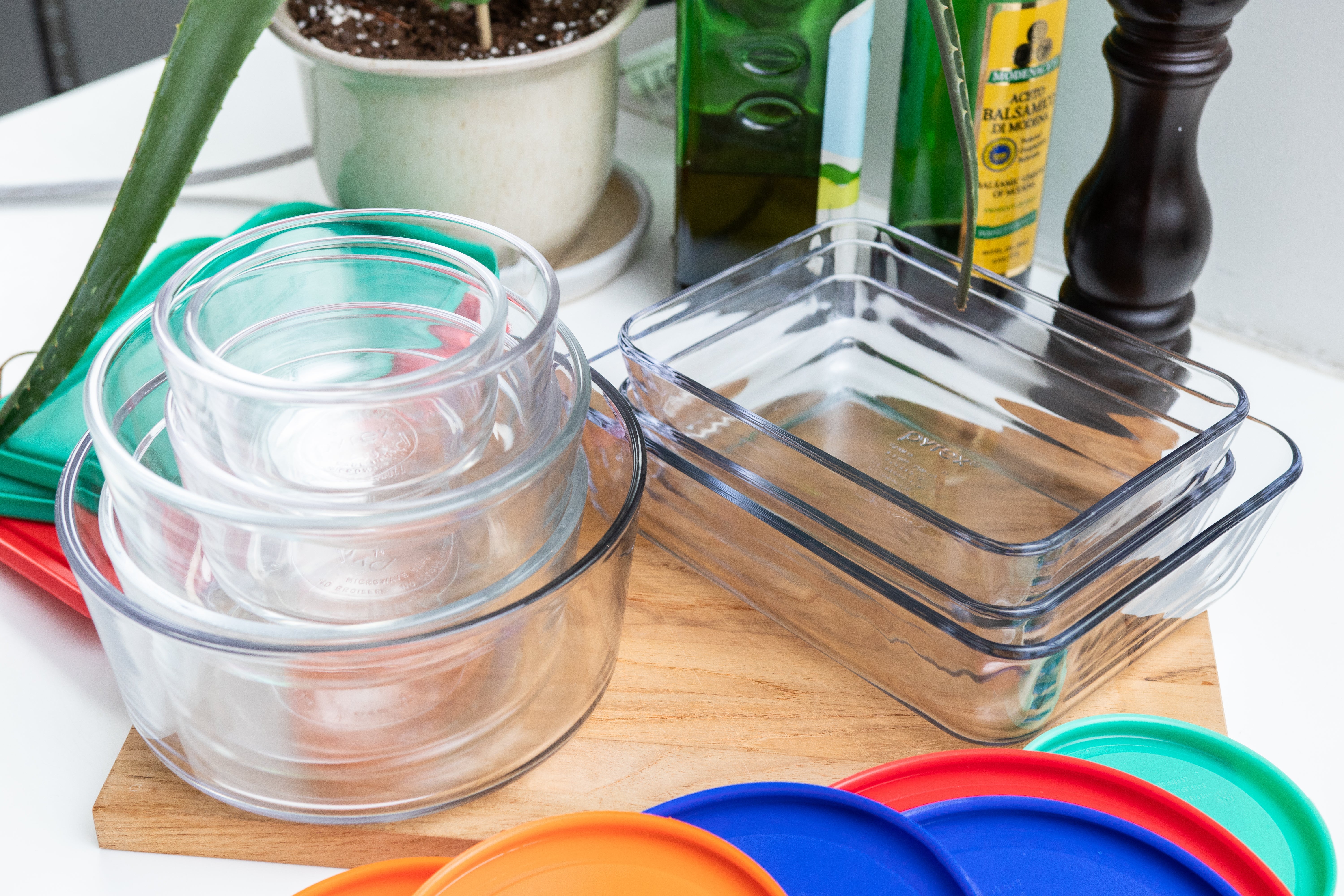 Stacked Pyrex containers