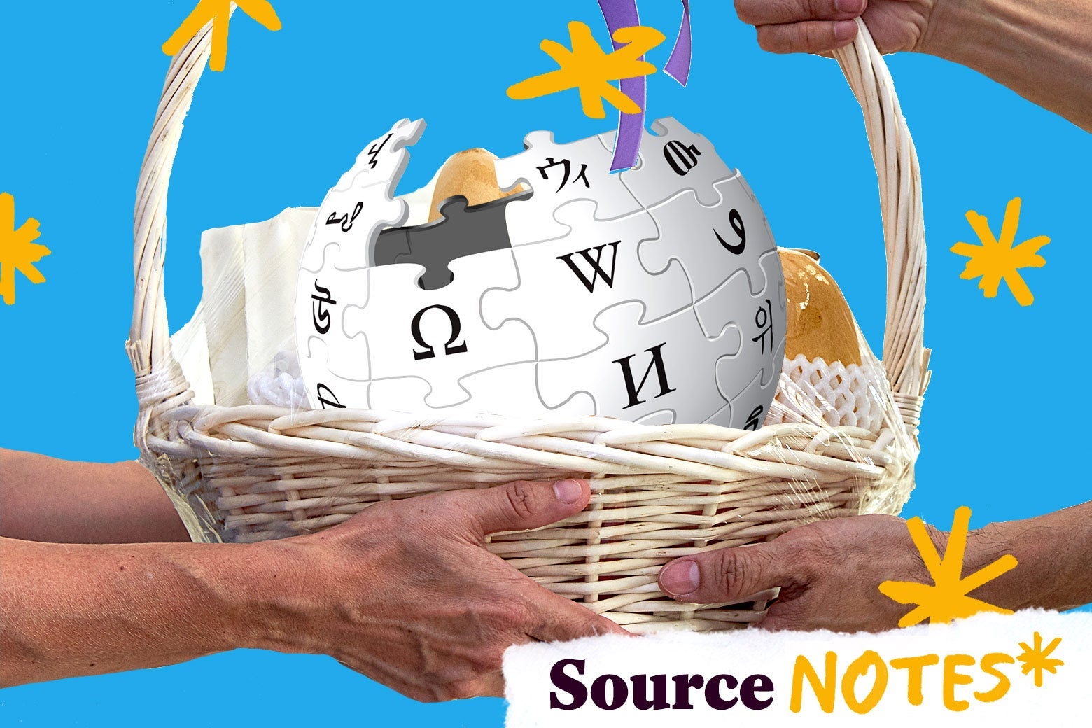 A Wikipedia globe in a gift basket being handed from one person to another