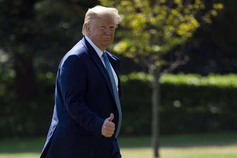 US President Donald Trump returns to the White House in Washington, DC after his annual visit to Walter Reed National Military Medical Center on October 4, 2019. (Photo by ANDREW CABALLERO-REYNOLDS / AFP) (Photo by ANDREW CABALLERO-REYNOLDS/AFP via Getty Images)