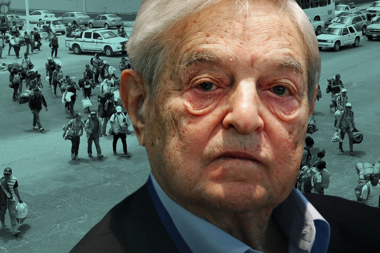George Soros with the "migrant caravan" from 2018 behind him.