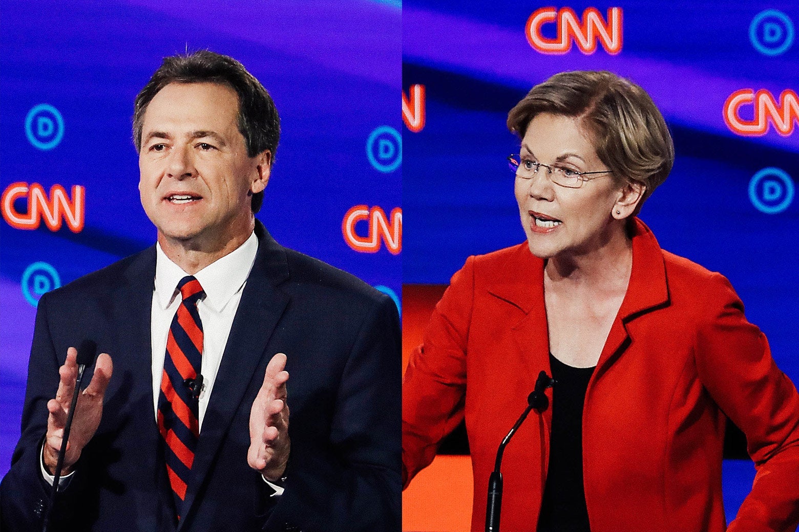 Steve Bullock and Elizabeth Warren, both at the debate Tuesday.