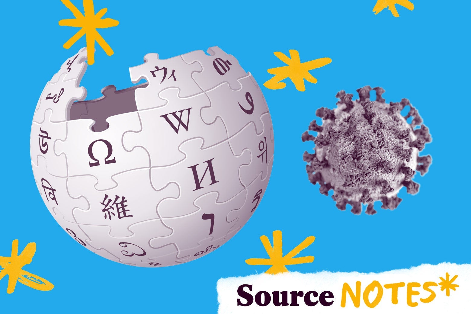 The Wikipedia globe is seen next to a coronavirus cell. Both are surrounded by asterisks.