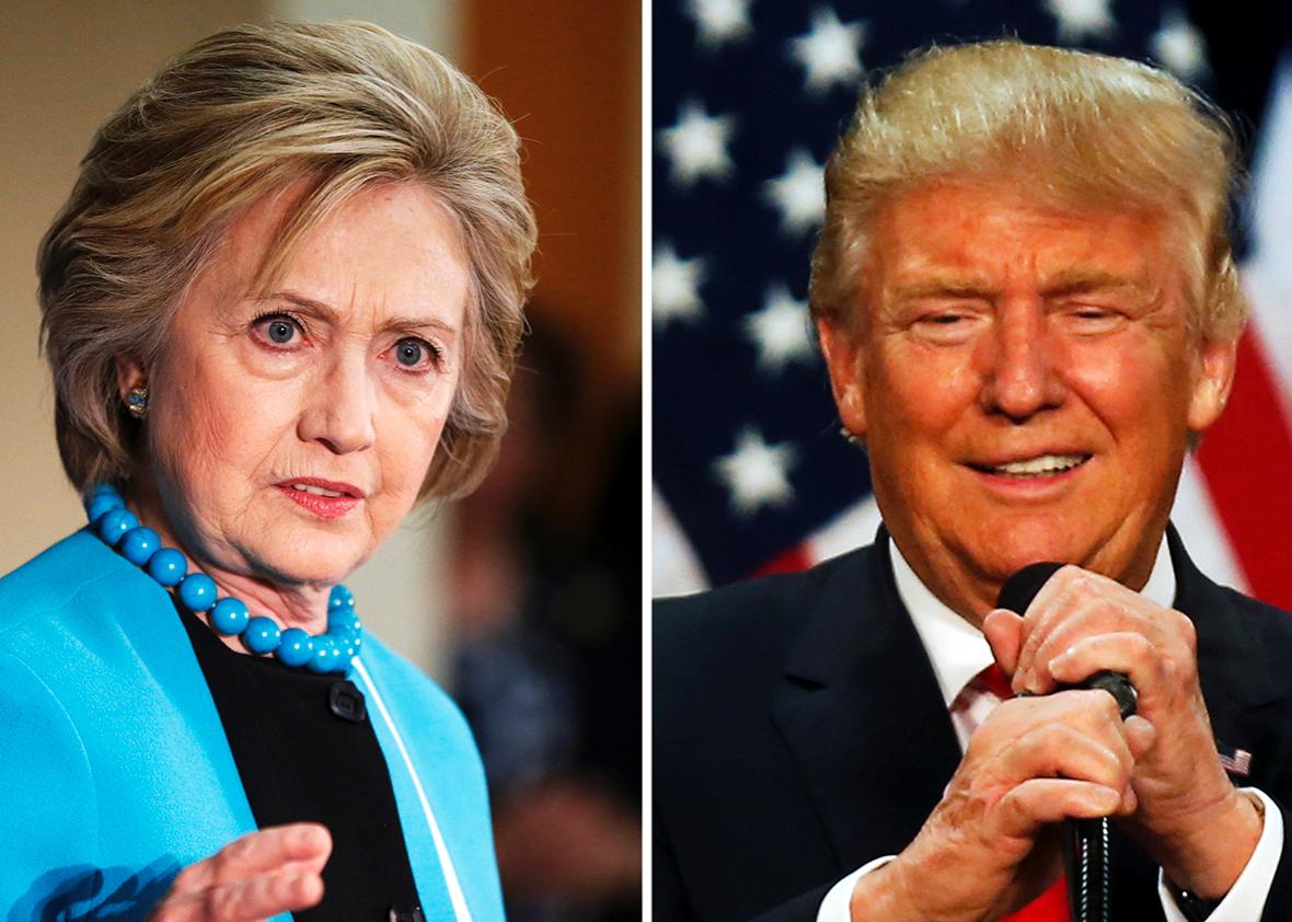A combination photo shows U.S. Democratic presidential candidate Hillary Clinton and Republican U.S. presidential candidate Donald Trump in Los Angeles, California on May 5, 2016 and in Eugene, Oregon, U.S. on May 6, 2016 respectively.  