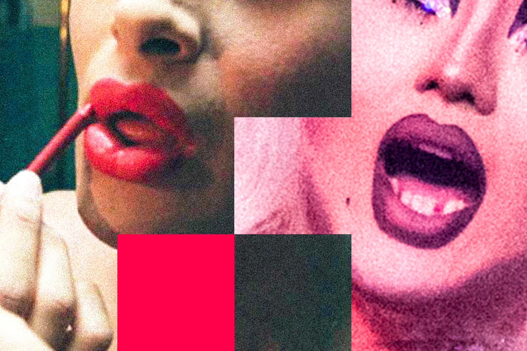 Close-up photos of two drag queen lips, one from the early '90s and another from 2016.