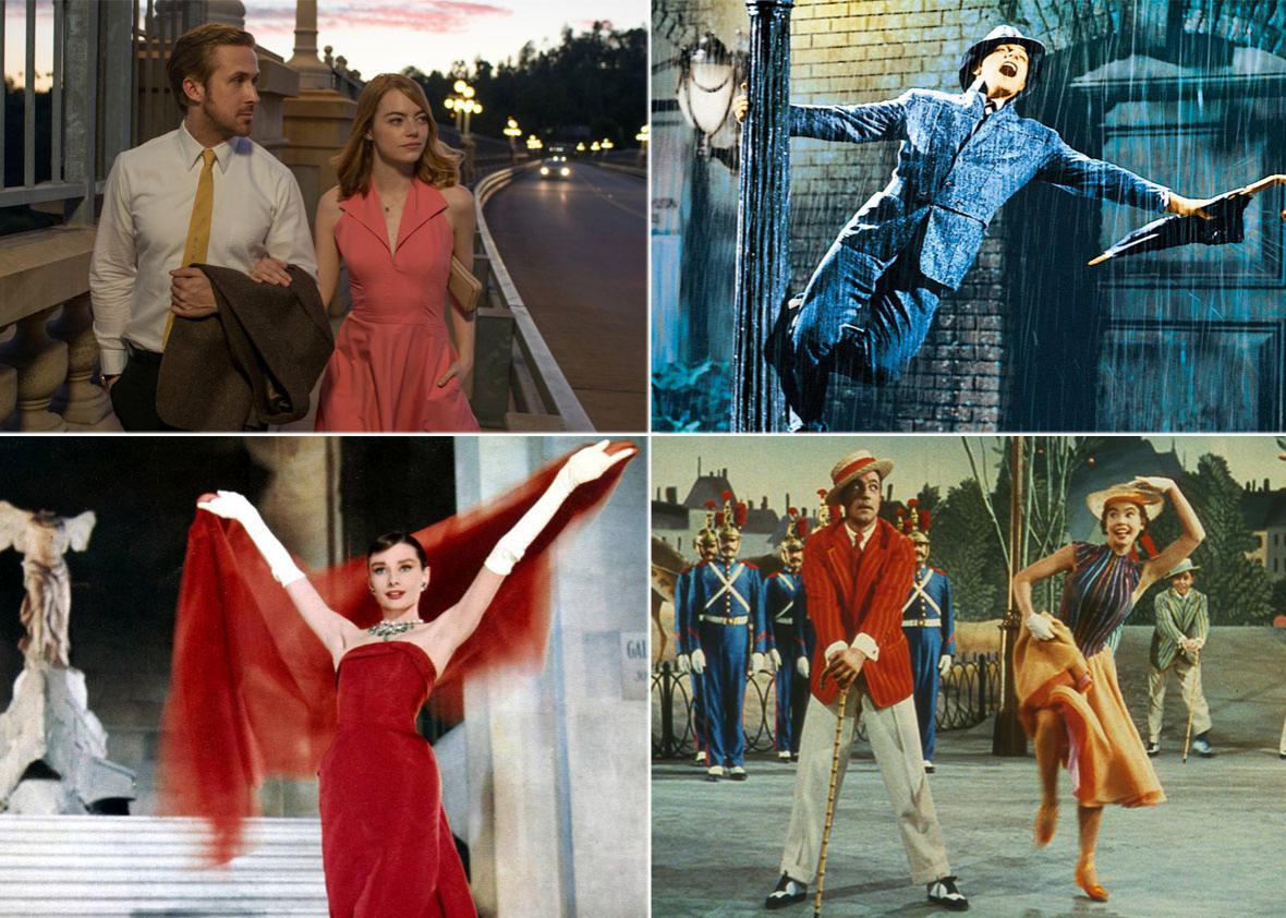La La Land (top left), with a few of its inspirations: Singin’ in the Rain (top right), Funny Face (bottom left), and An American in Paris (bottom right).
