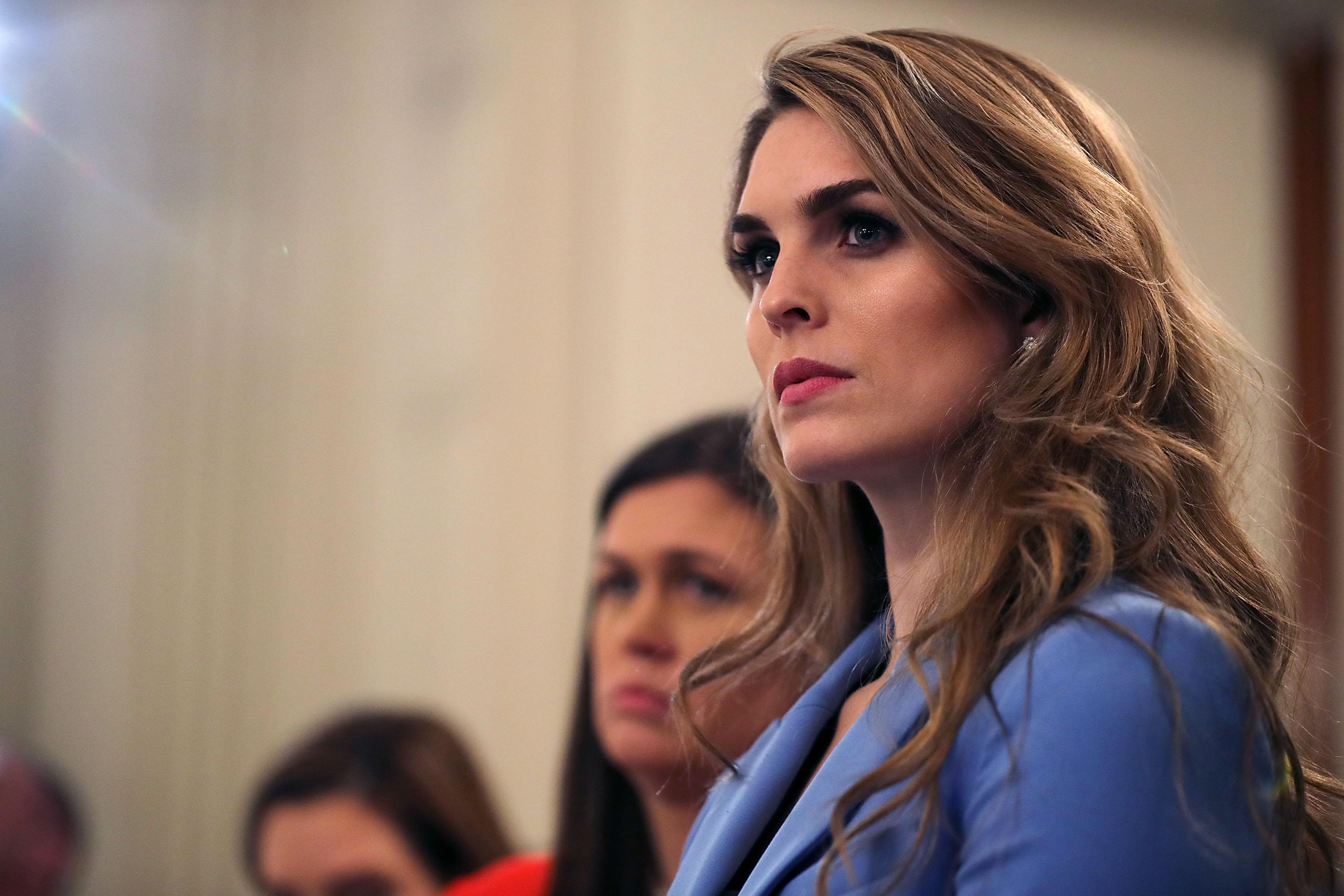 WASHINGTON, DC - FEBRUARY 21:  (AFP OUT) White House Communications Director Hope Hicks attends a listening session hosted by U.S. President Donald Trump with student survivors of school shootings, their parents and teachers in the State Dining Room at the White House February 21, 2018 in Washington, DC. Trump is hosting the session in the wake of last week's mass shooting at Marjory Stoneman Douglas High School in Parkland, Florida, that left 17 students and teachers dead.  (Photo by Chip Somodevilla/Getty Images)