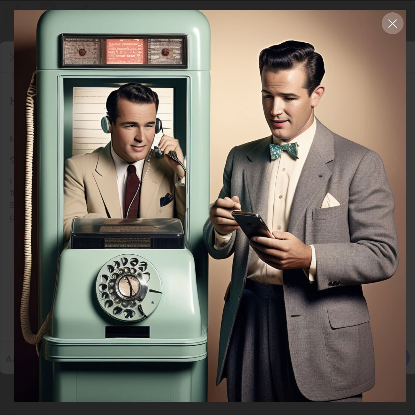 A nonsensical A.I.–generated image of an old-timey, 1950s-era teal pay phone with an operator inside it. Standing outside the phone is a man dressed in a gray 1950s-style suit. He holds a smartphone.