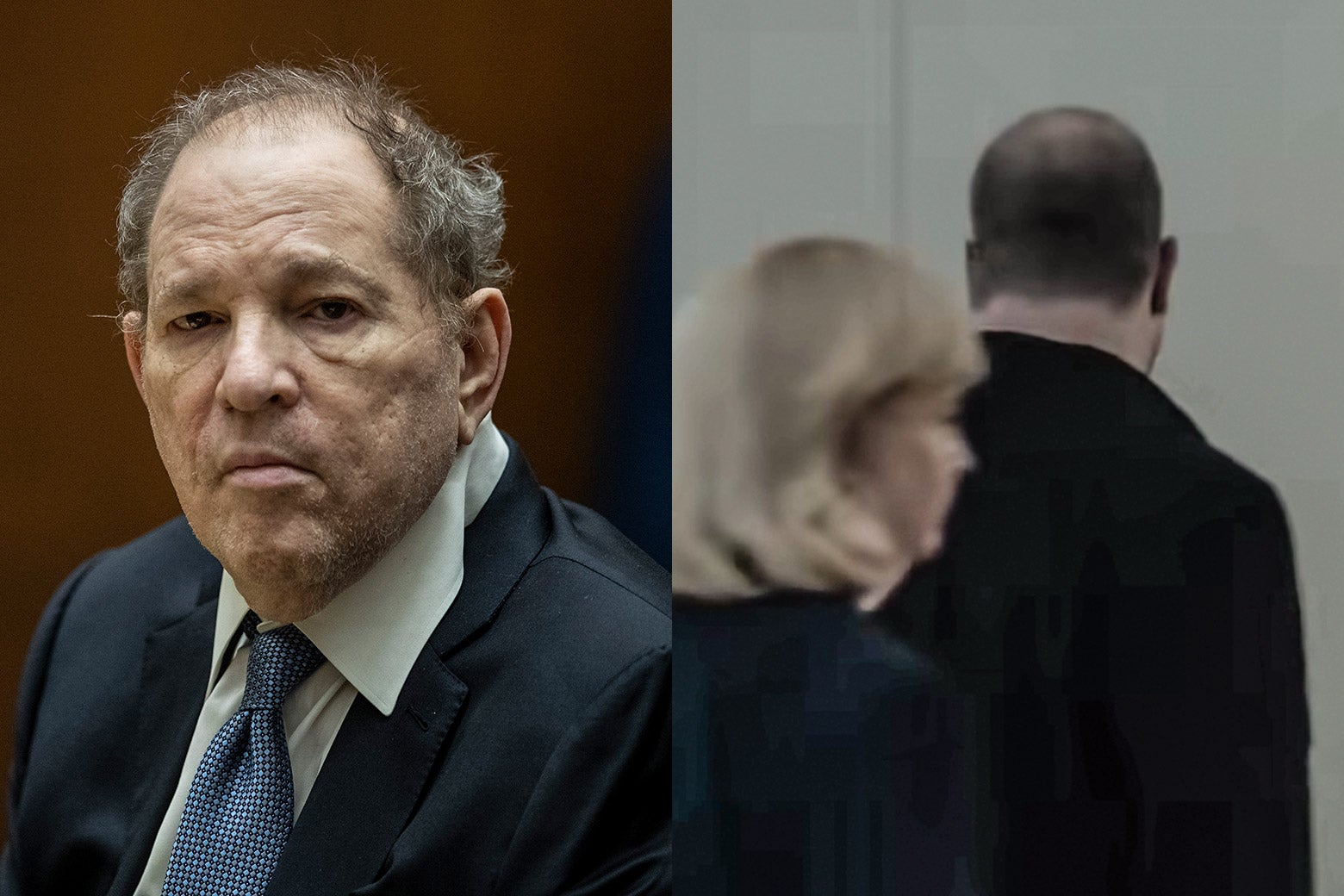 On the left, a disheveled looking Weinstein in court. On the right, all you can see is the back of a large man’s head as he walks away.