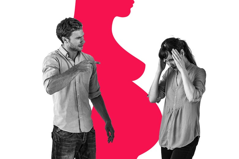 Man pointing at woman, who's holding her hands to her head. A silhouette of a pregnant woman behind them.