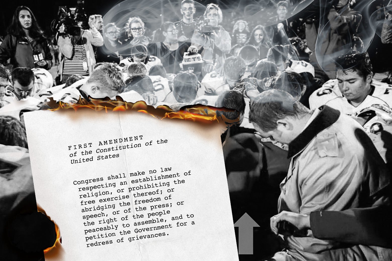 The First Amendment in flames, in front of a black-and-white photo of high school football players praying.
