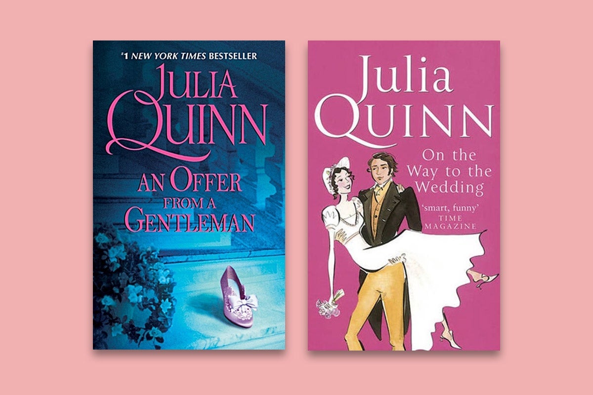 Left: A blue book cover with a heeled shoe sitting under a spotlight. Right: A book cover with a cartoonish illustration of a man holding a bride.