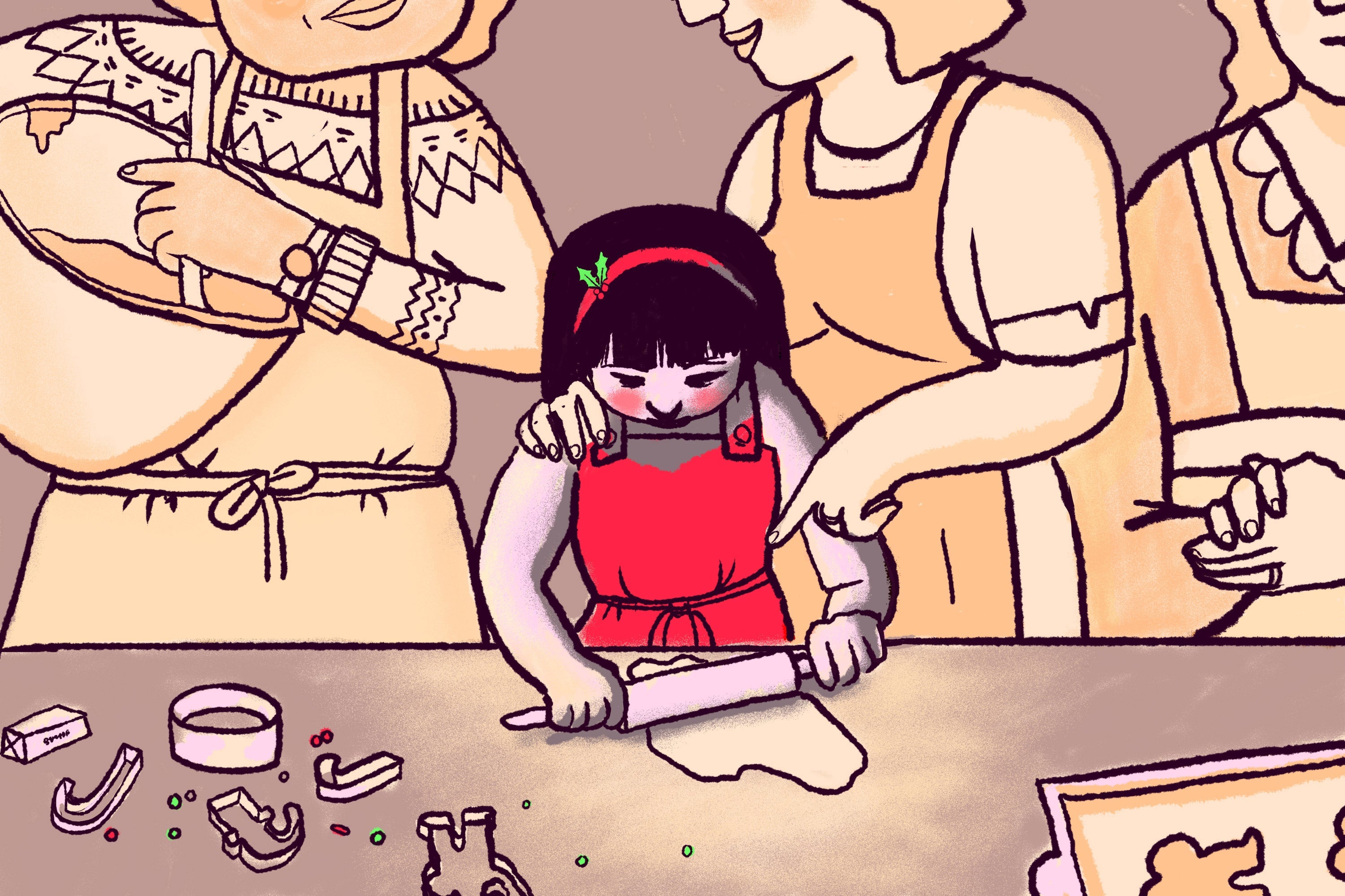 Illustration of a group of women showing a girl how to making cookies.