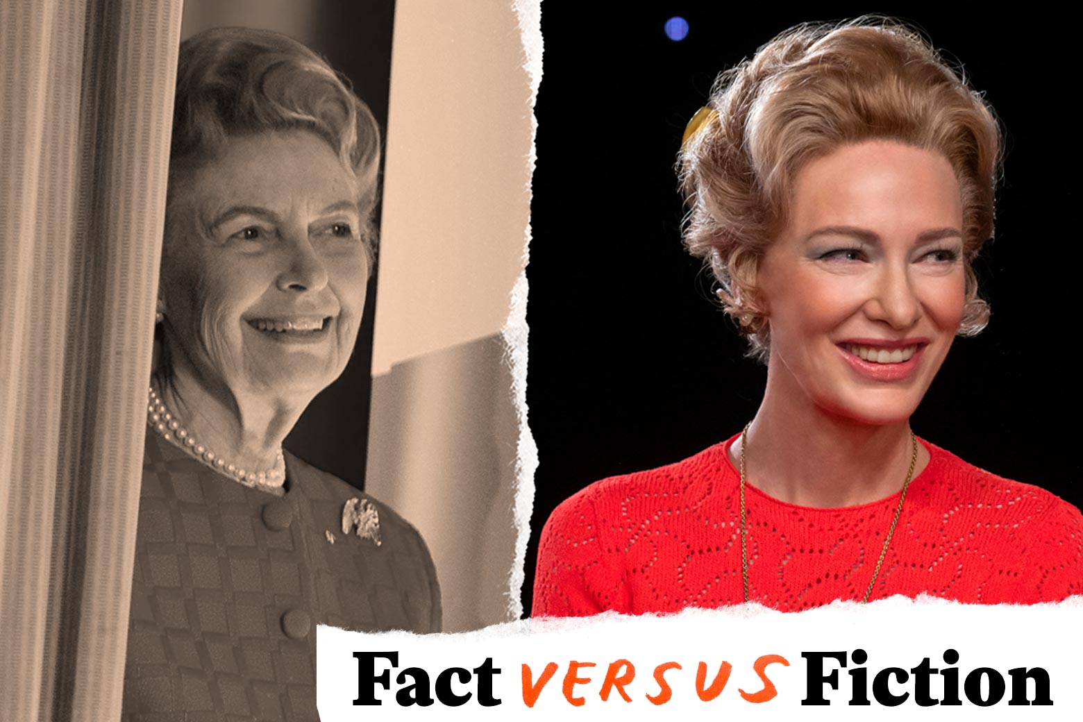 A black and white photograph of the real Phyllis Schlafly wearing pearls and smiling set beside a color image of Cate Blanchett portraying Schlafly, also smiling. The likeness between the two women is uncanny.