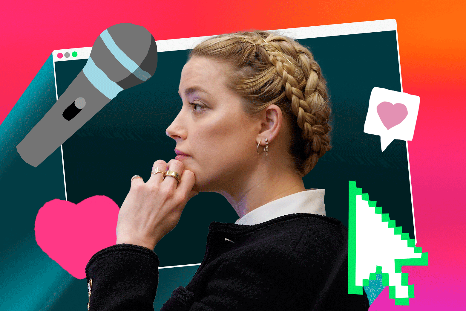Amber Heard sits in profile, touching her chin, against a computer screen background. She is surrounded by wiggling illustrations of a microphone, a heart, a notification symbol, and a mouse pointer.