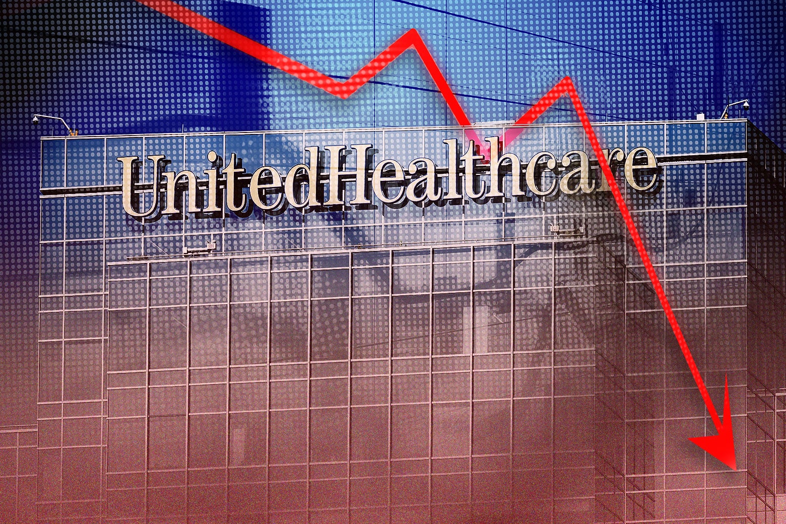 The UnitedHealthcare building with the illustration of chart of a stock dropping superimposed on it.